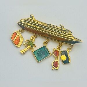 Vintage Gold Cruise Ship Brooch Colorful Charms Enamel Travel Vacation